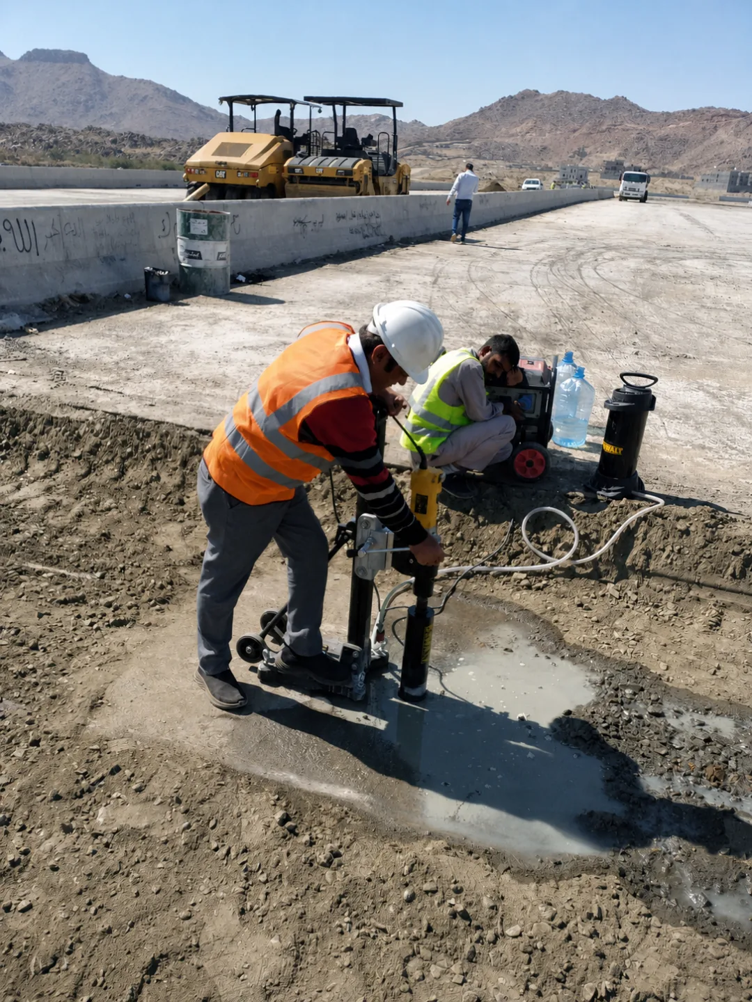 Technician operating concrete core-drilling equipment at a project site