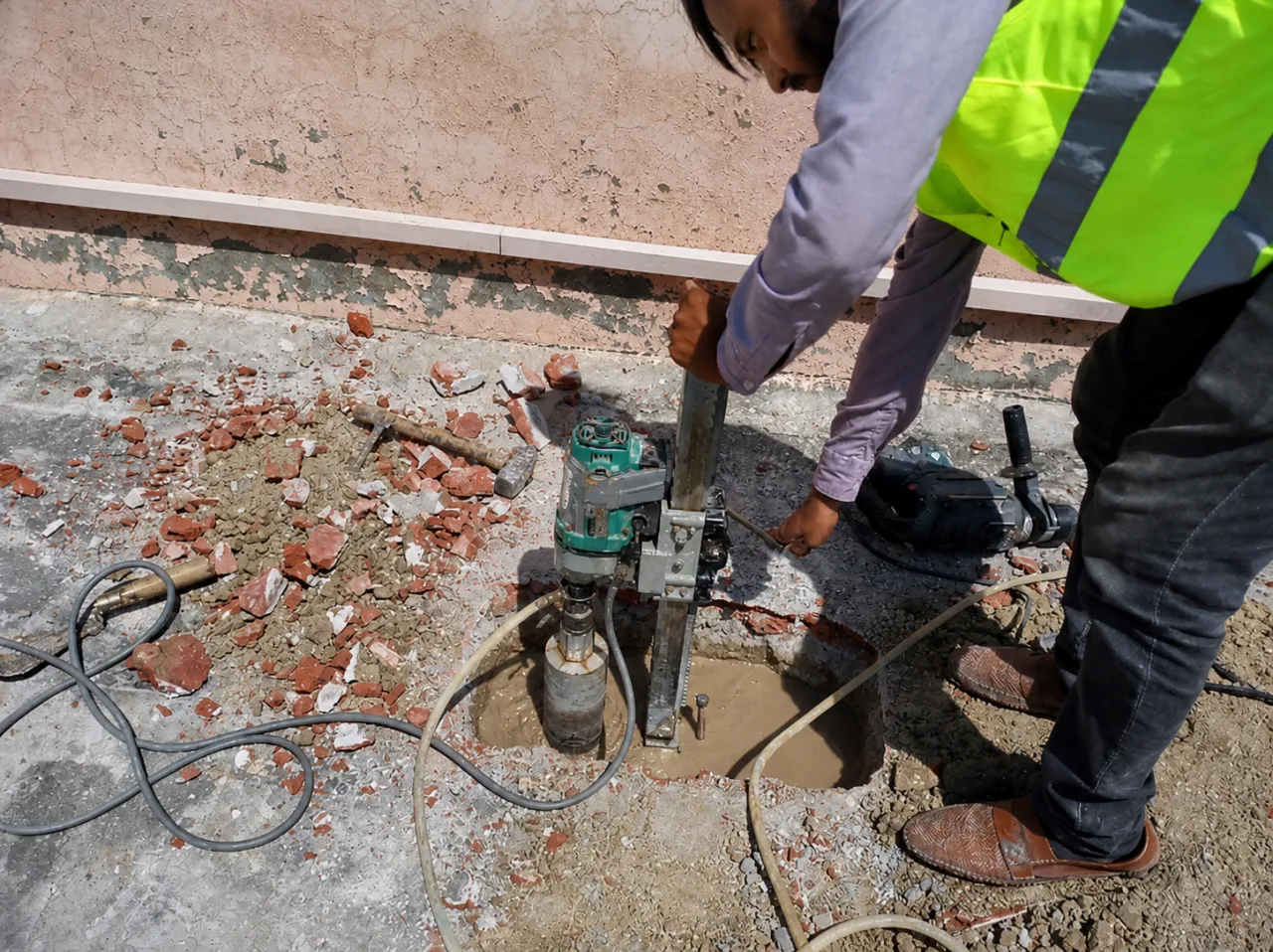 Close view of concrete coring equipment in operation