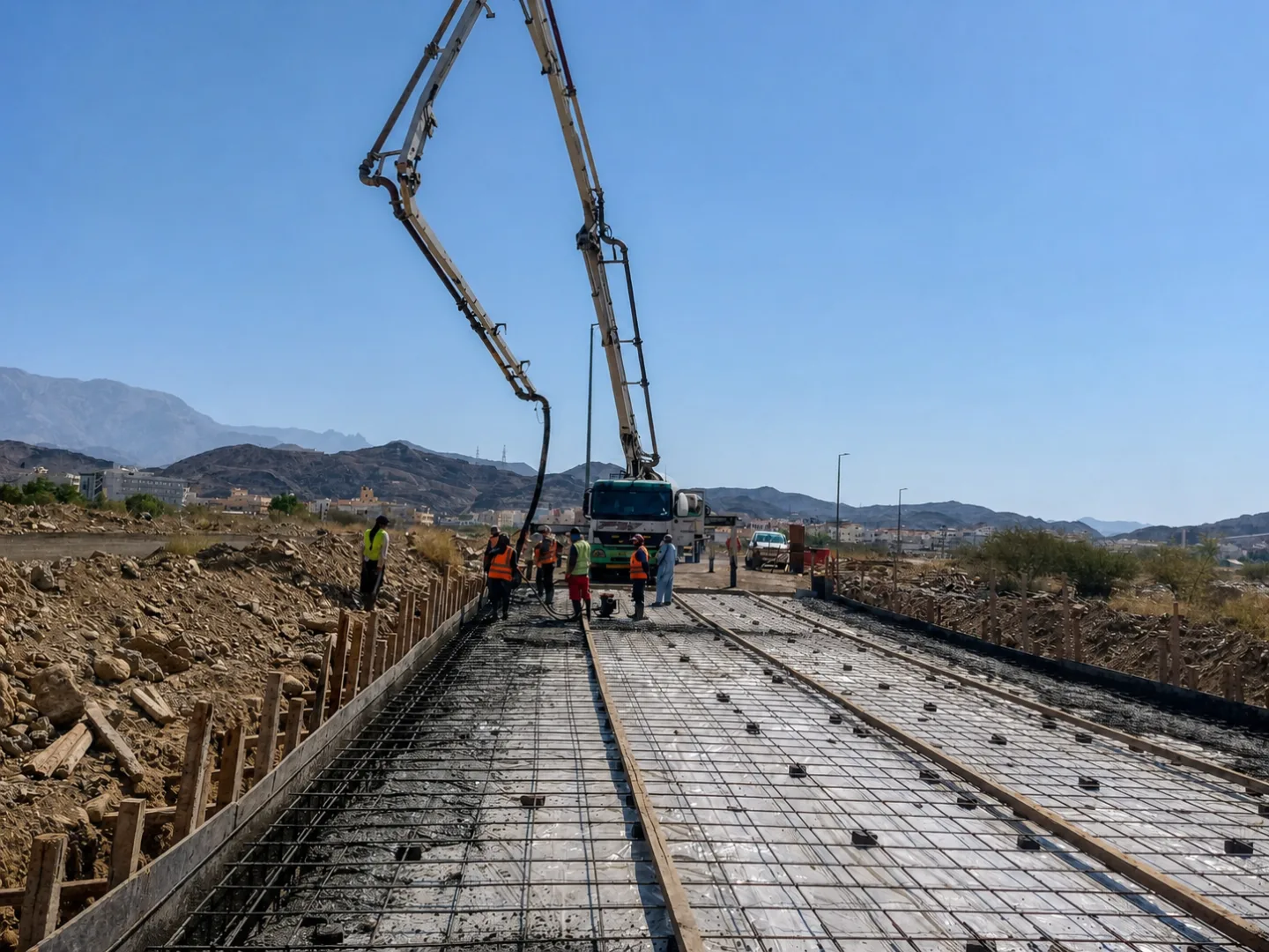Concrete placement team working with a pump on a reinforced construction slab