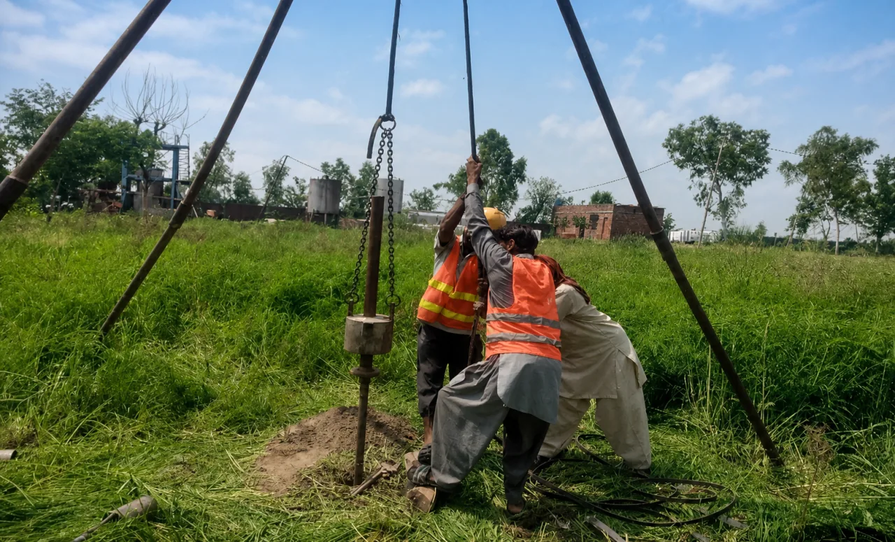 Field crew performing tripod-supported geotechnical investigation