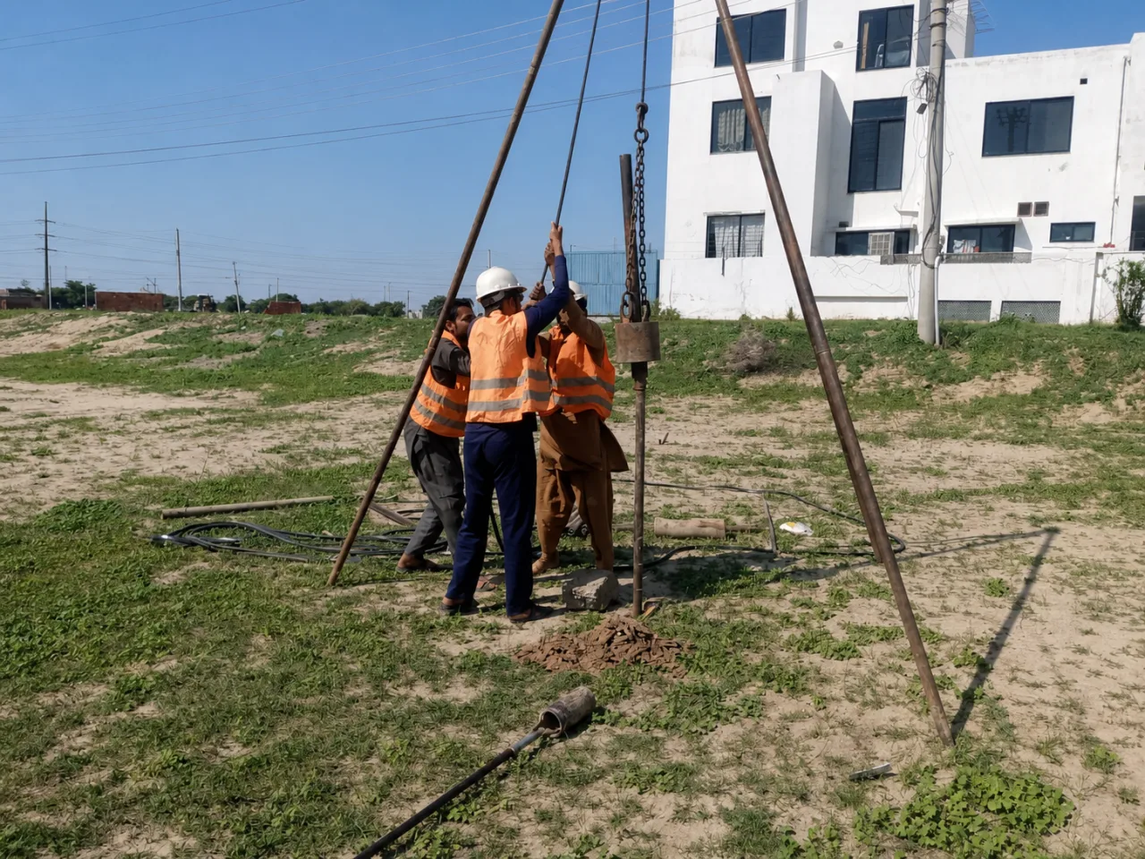 Caliber crew conducting a geotechnical field investigation with tripod equipment